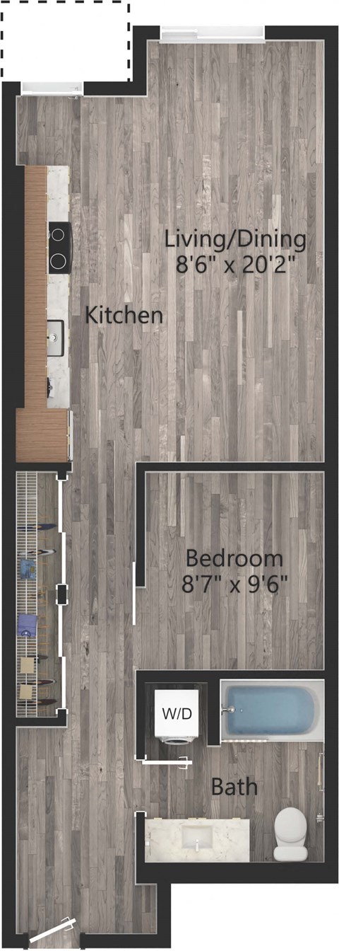 Floor plan for 1 bed, 1 bath, 664 sqft